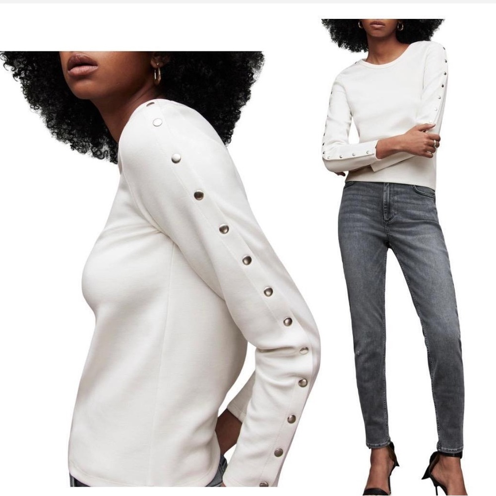 All Saints White Long Sleeve Top with Silver Accents